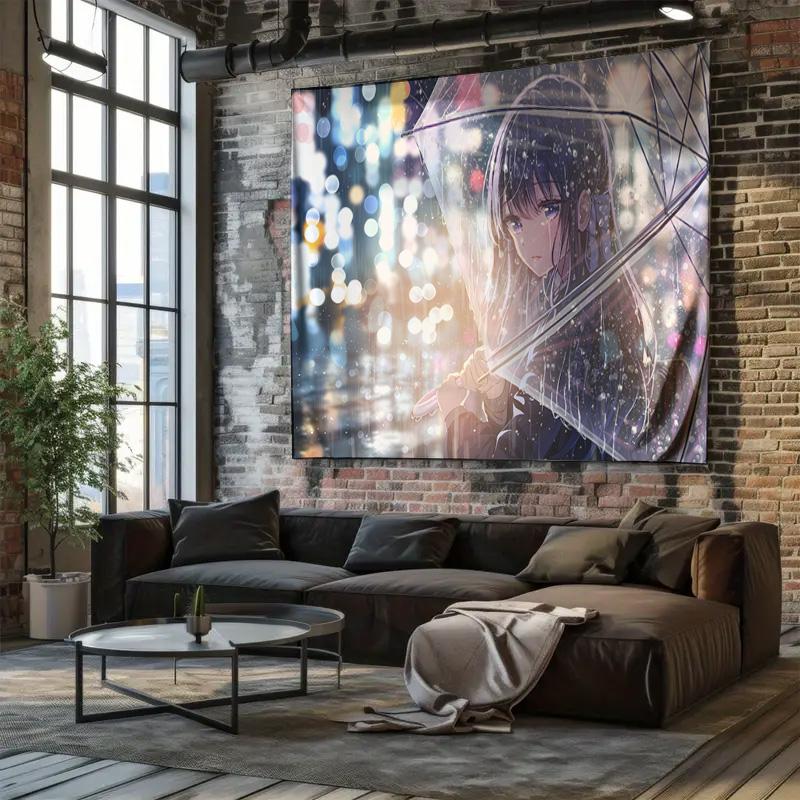 Exquisite AnimeStyle Decorative Hanging Cloth 3D Rainy Night Scene with GlowintheDark Wall Fabric