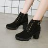 Women's Autumn High-Heeled Boots: Short, Thick-Heeled, Round-Toe Martin Style with Belt Buckles and Lace-Up Design