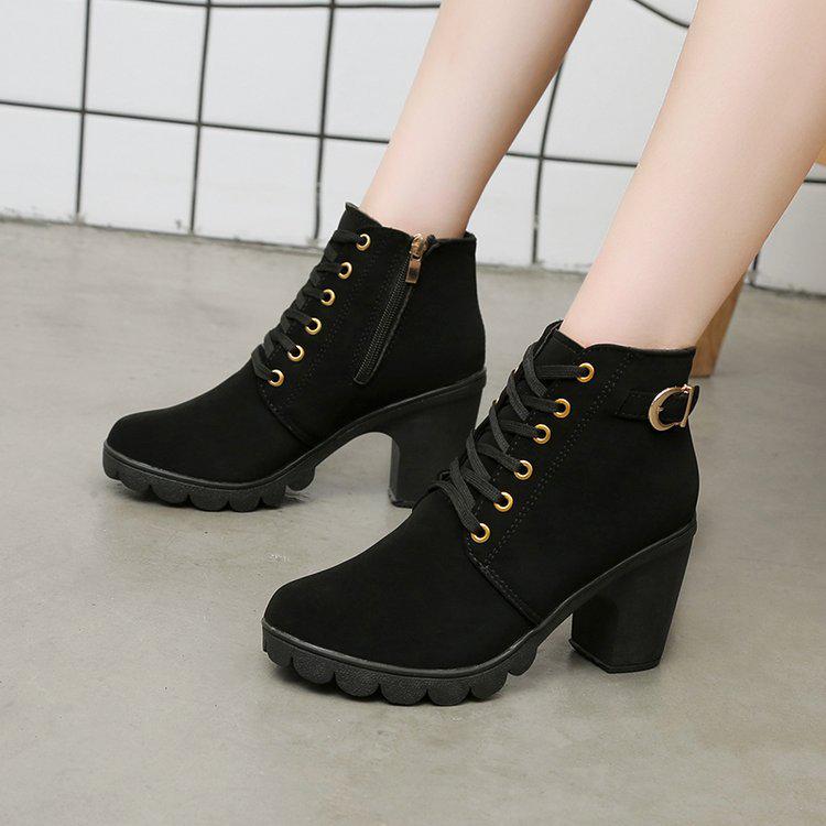 Women's Autumn High-Heeled Boots: Short, Thick-Heeled, Round-Toe Martin Style with Belt Buckles and Lace-Up Design