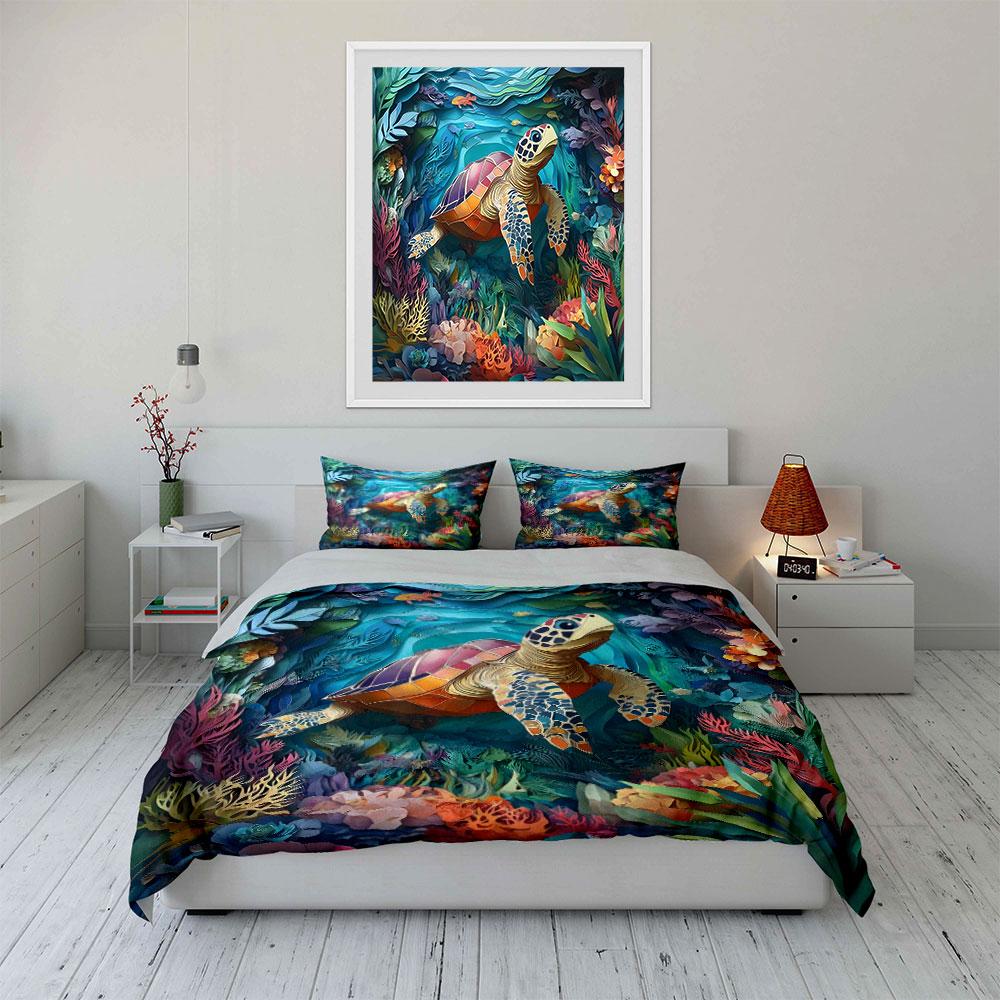 Turtle Swimming Through Colorful Coral Reef Printed Duvet Cover Set1 Duvet Cover+2 Pillowcasemulti Size Bedroom Bedding Decor