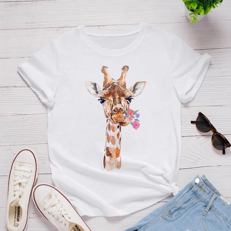 Graphic Cartoon Giraffe Streetwear Fashion Girls T-Shirts Harajuku Clothes Short Sleeve Summer Tees Casual Female O-Neck Tops
