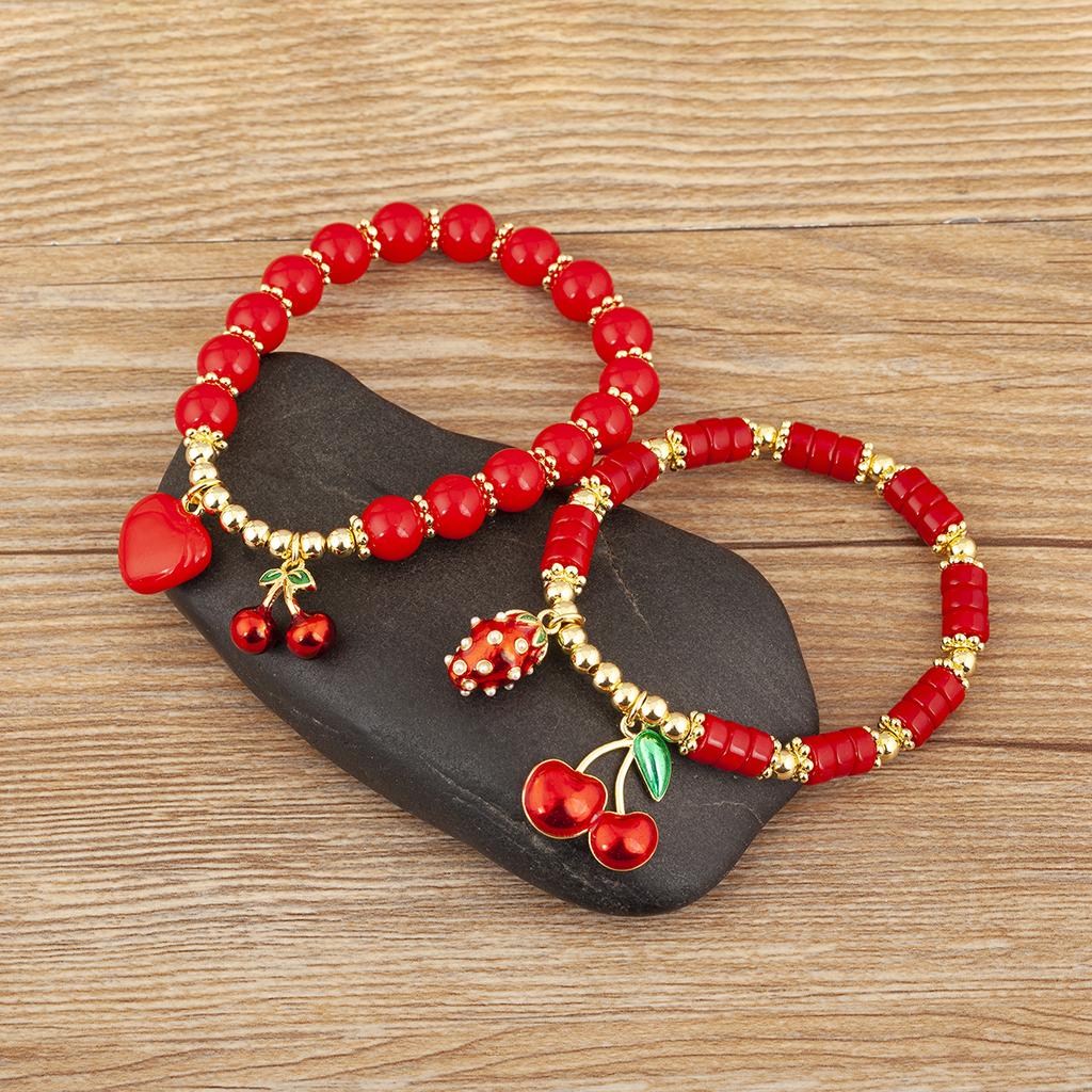 Nidin Fashion Cherry Shape Heart Red Beads Chain Bracelet For Women 3 Styles Choice Daily Versatile Jewelry Accessories Gifts