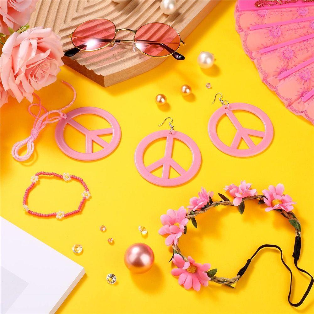 Boho Peace Sign Women's Hippie Costume Set 60's 70s Style Necklace Earrings  for Groovy Party Girls