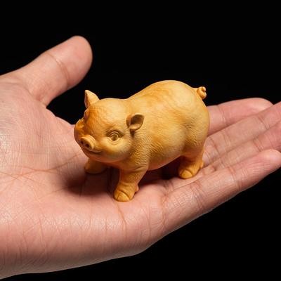 Wooden Piggy Decorate Animal Small Statue Solid Wood Carving Zodiac Pig Cute Home Room Office Desktop Ornaments