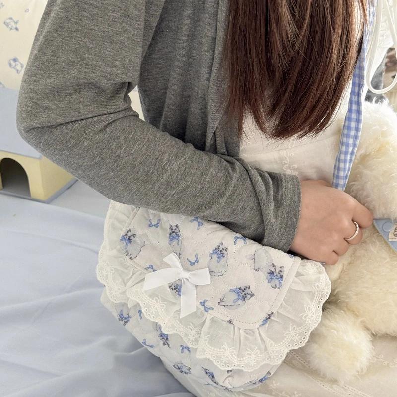 Cute Girls Quilted Cotton Crossbody Bag Outdoor Portable Student Ladies Storage Handbags Bow Lace Plaid Women Shoulder Bags