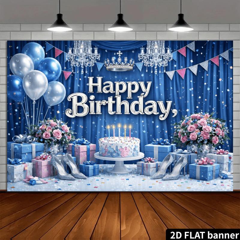 2D Plane, 1 Piece of Dark Blue Silver Birthday Backdrop Fabric, with a Dark Blue Gradient Starry Sky Background