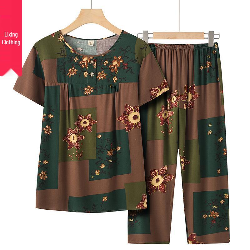 Mom's Bamboo Cotton Plus Size Summer Casual Set – Loose Short-Sleeve Top & Two-Piece Outfit for Middle-Aged and Elderly Women