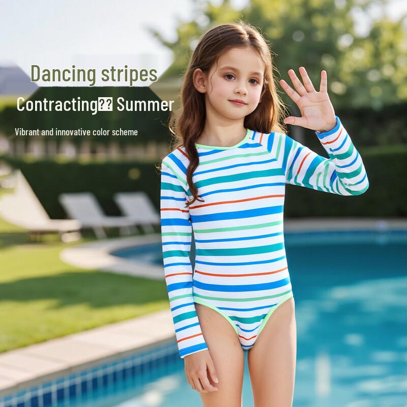 ASK JUNIOR Girls' Sun Protection Long-Sleeve Striped Swimsuit