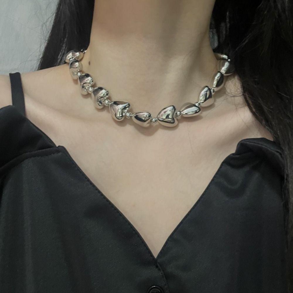 Silver 3D Heart Neck Chain Elegant Love Patchwork Necklace Love Collarbone Chain  Girls