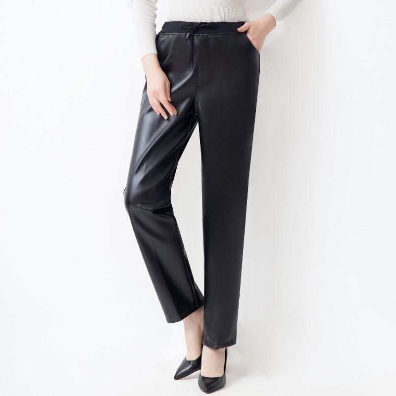 Women Middle Aged Autumn Winter Warm Thick High Waist Straight Casual Leather Pants
