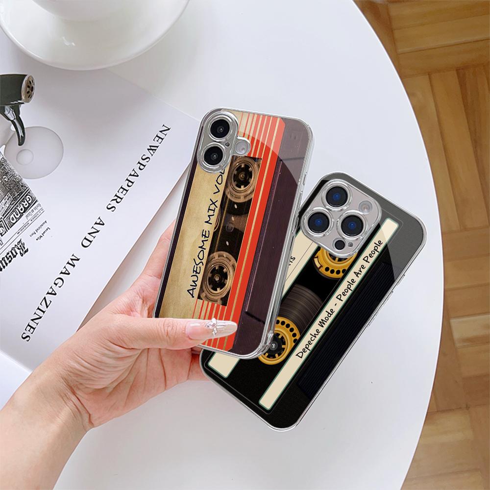 N203 Oryginalne Retro Kaseta Magnetofonowa art Etui na Telefon dla iPhone 16 15 Pro Max 8 Samsung S24 S23 A54 A35 Redmi Note 13 12 Platerowana Ramka Szkło Hartowane Pokrowiec