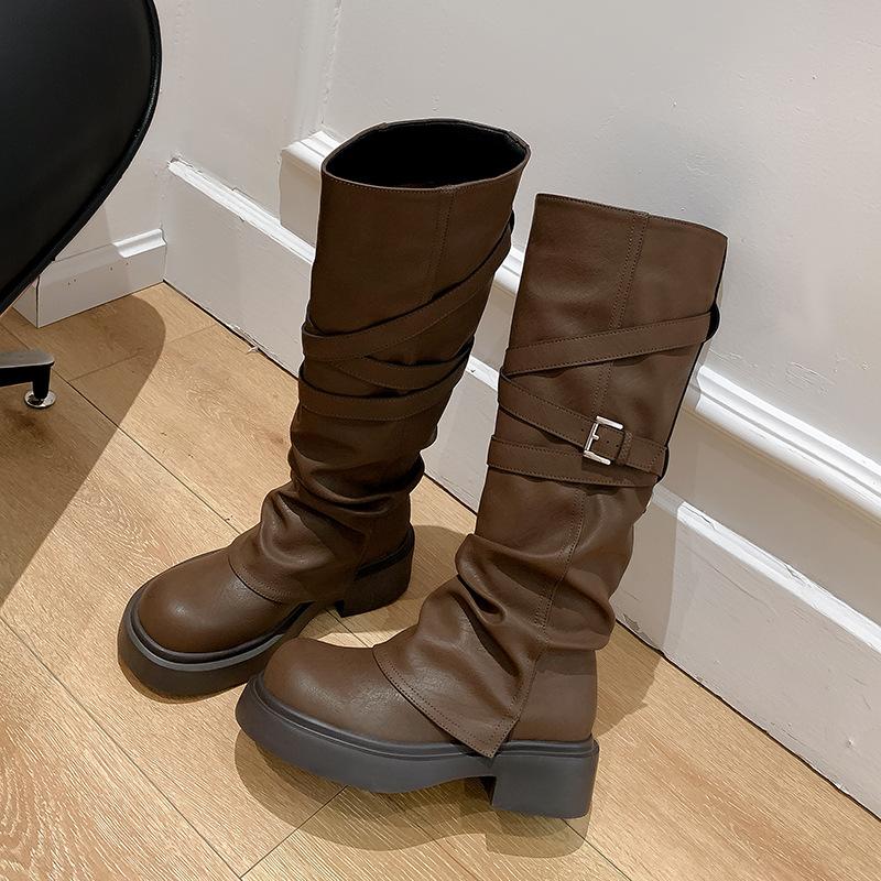 New Spot Wasteland Wind Brown Maillard Platform Knight Boots Women's Long Boots Martin Boots Pleated Pant Tube Boots Tall Boots