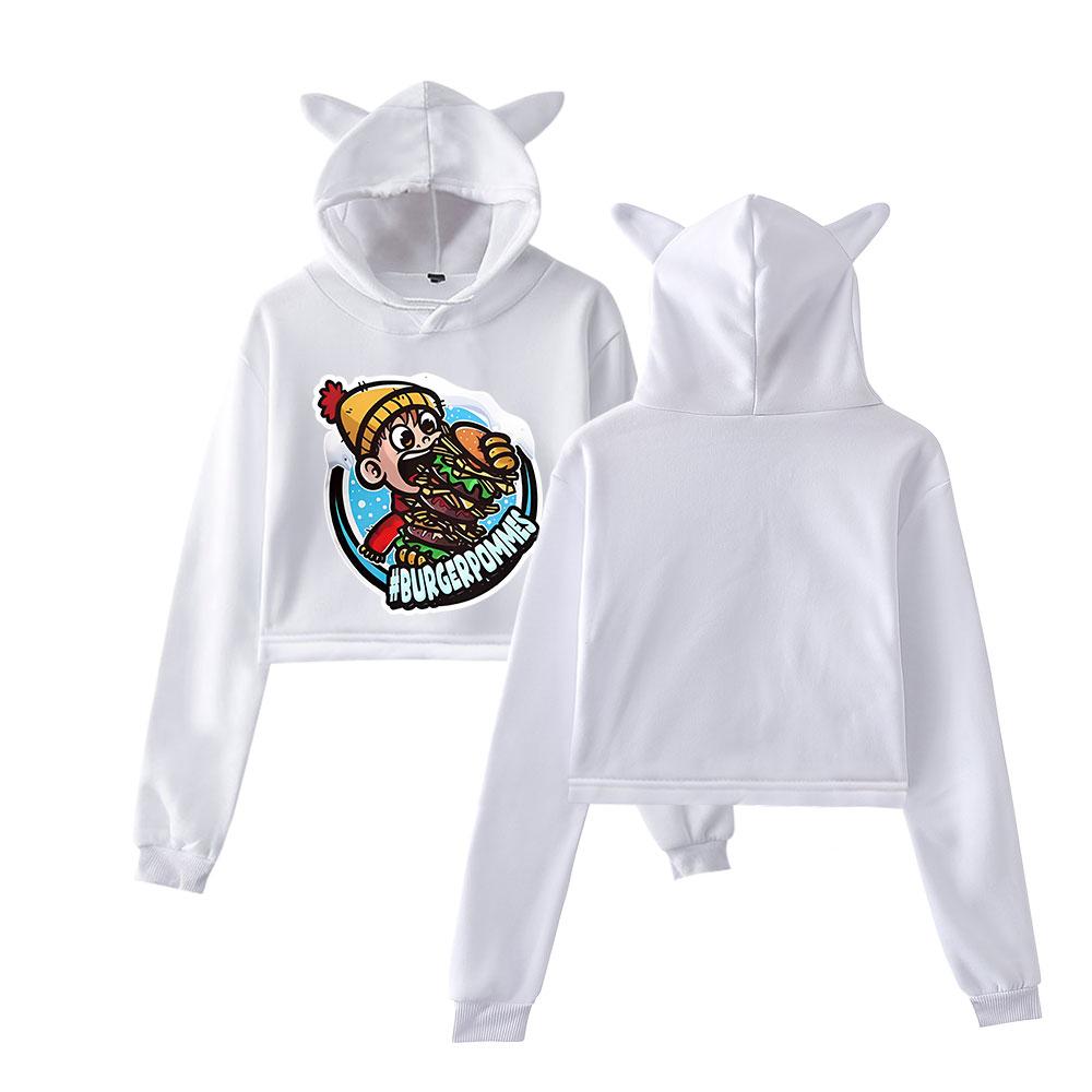 Icrimax Burgerpommes Cat Ear Cartoon Hoodie Women Long Sleeve Short Shirts Female Casual Streetwear Crop Tops XS
