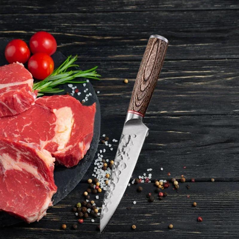 Kitchen Chef Knives Japanese Kitchen Knife Hand Forged Hammer Fruit Vegetable Knives Professional Boning Knife with Holder