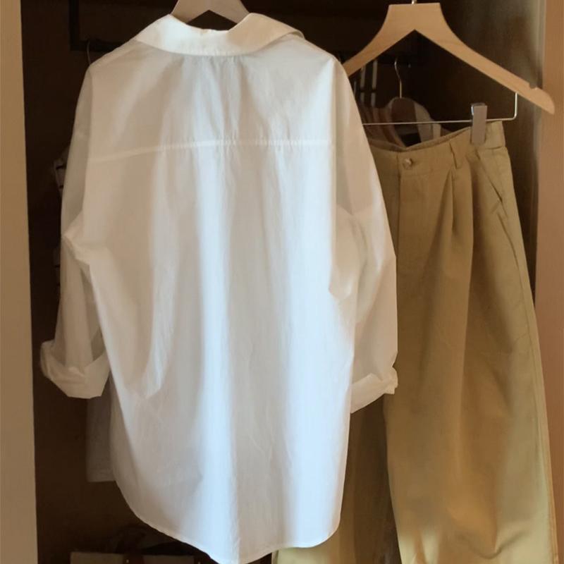 Spring and Summer Solid Casual White Shirt Women Fashion Long Sleeve Simple Loose Blouse Women Button Up Turn Down Collar Office Lady Shirts Top 25664