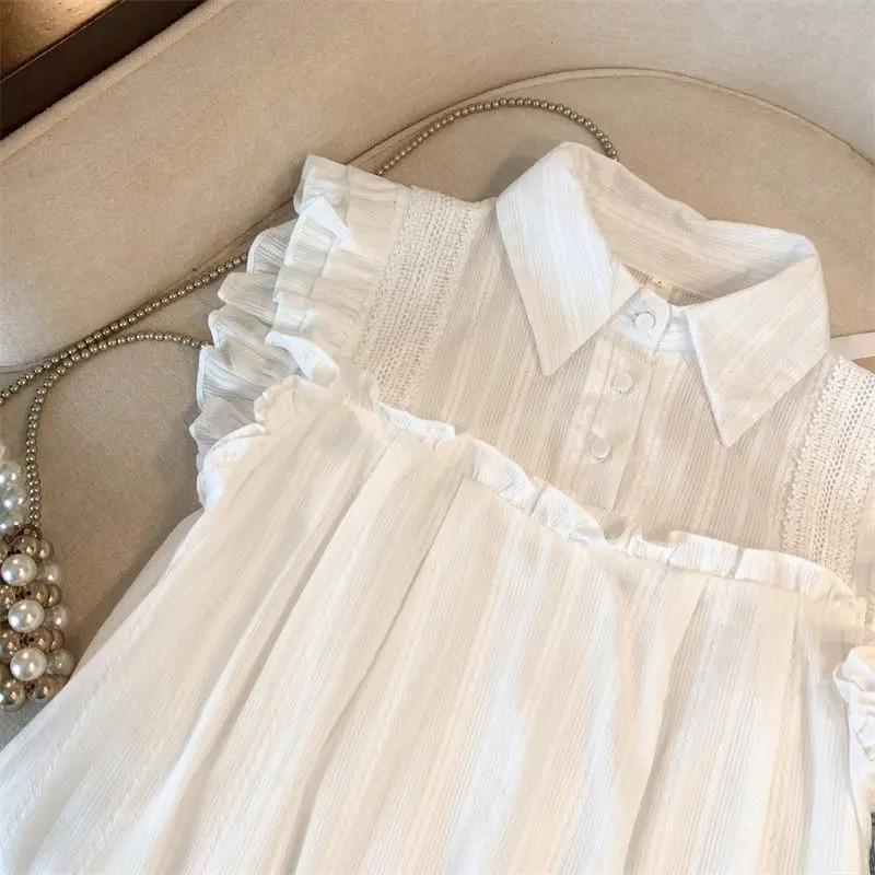 Women Blouses Sweet Sleeveless Solid Lace Ruffles Japanese Fashion Students College Girls Comfortable Loose Summer
