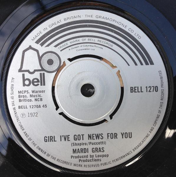 

7-дюймовая пластинка MARDI GRAS Girl Ive Got News For You BELL1270 Bell Records 1972 UK SoulFunk Б/у