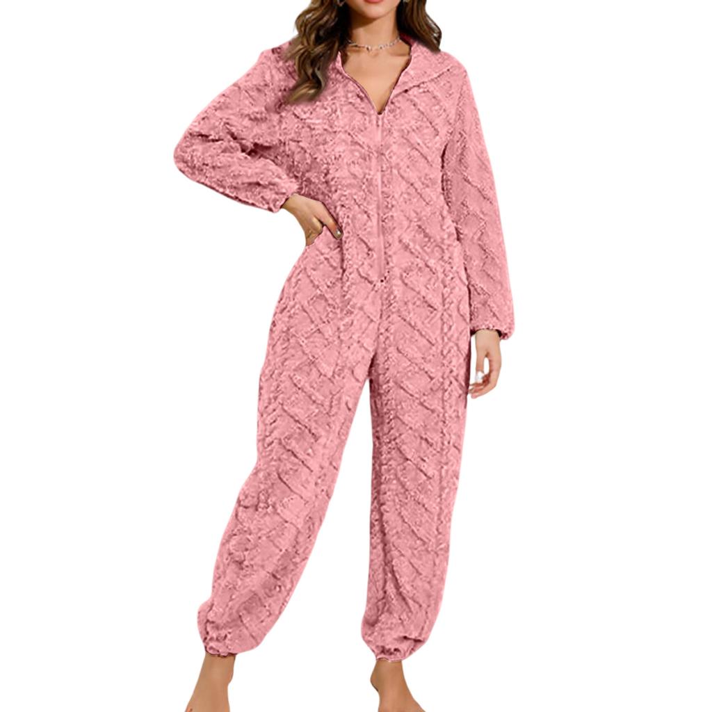 Women's Fashion Solid-Color Plush Loungewear Casual Zipper Hooded Long-Sleeve Jumpsuit Pajamas