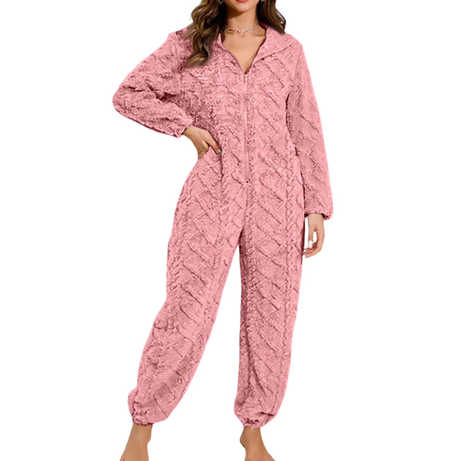 

Женская мода Однотонная плюшевая домашняя одежда Повседневный комбинезон с капюшоном на молнии и длинными рукавами Пижама M розовый
