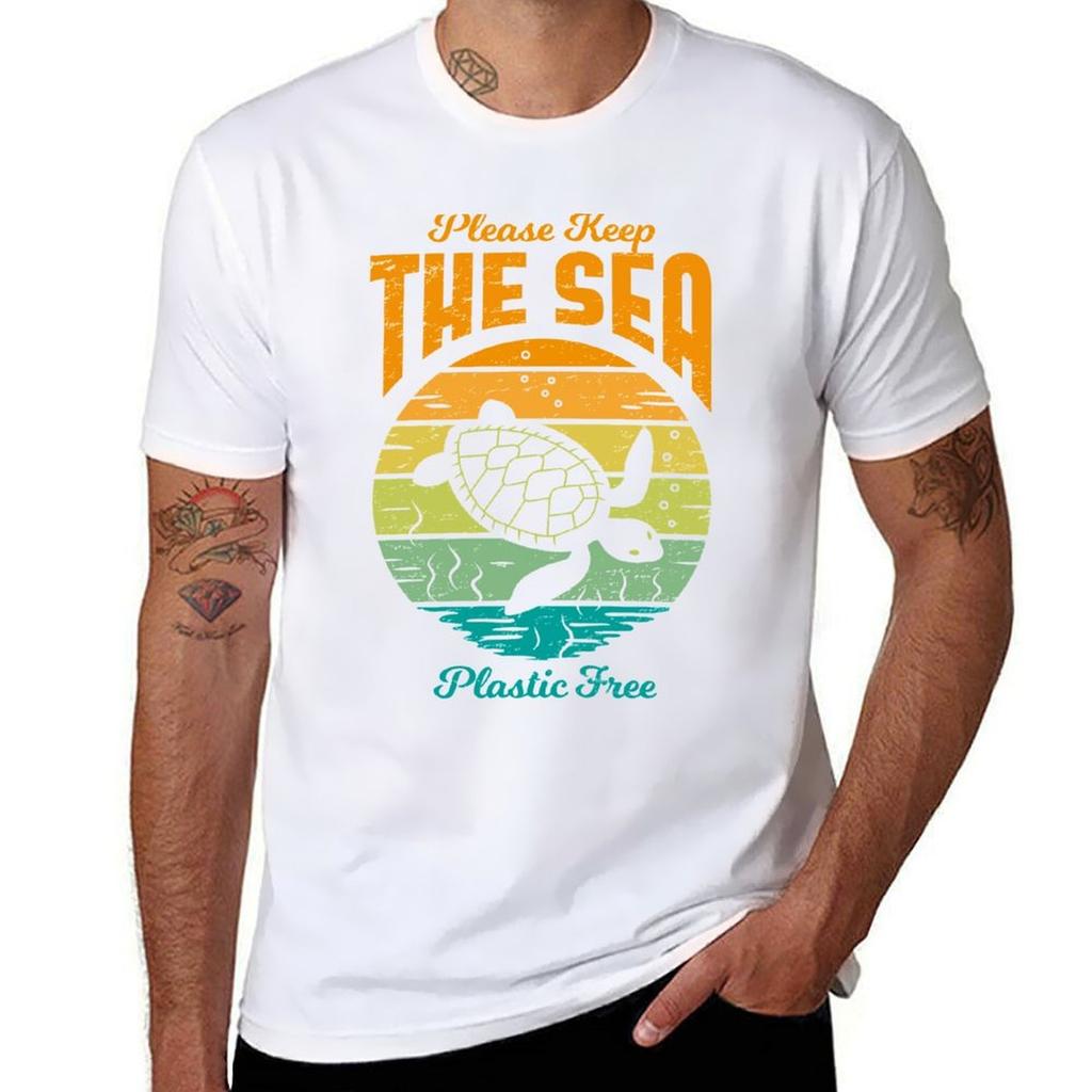 Please Keep The Sea Plastic Free Retro Turtle Tshirt Essential Solid Color Tshirt