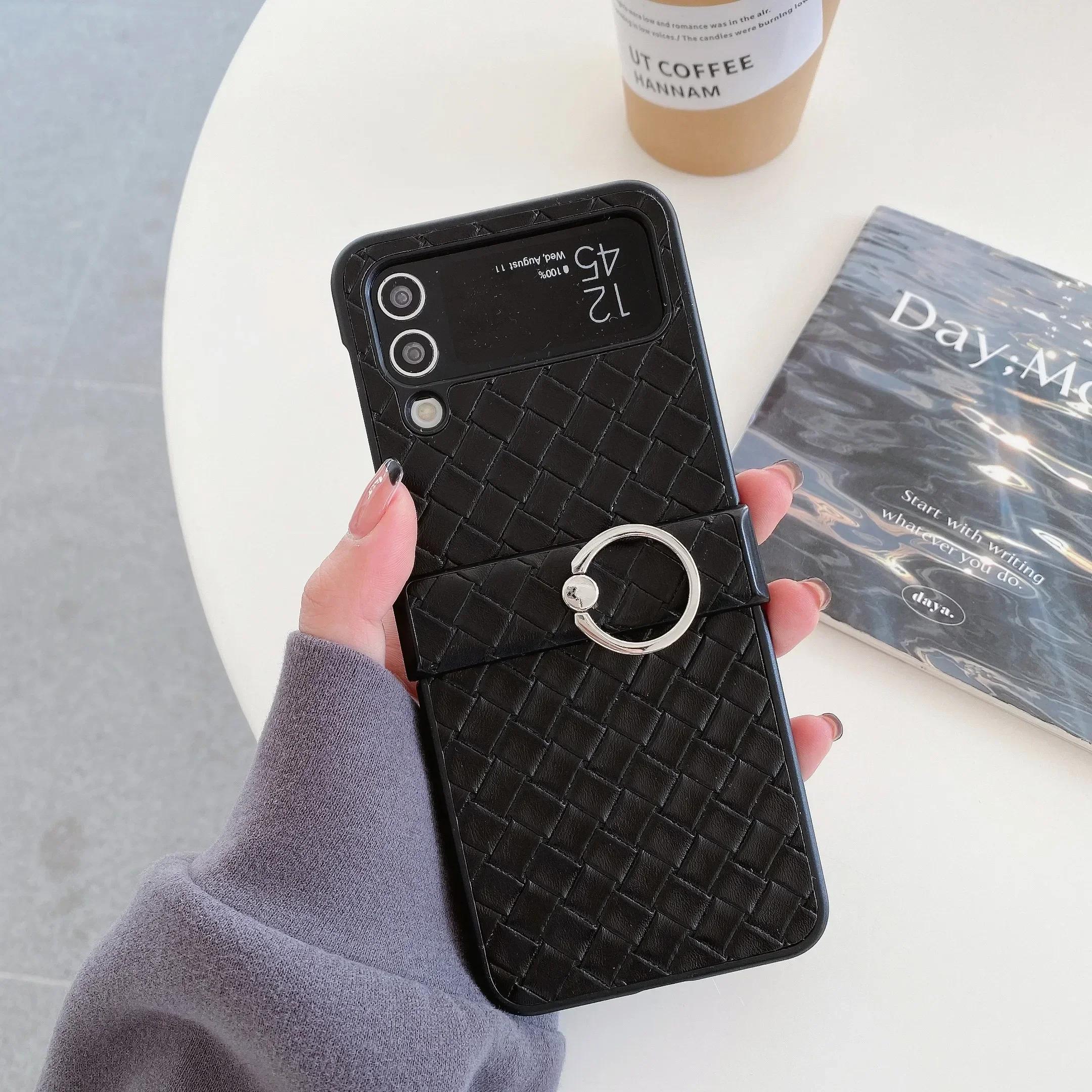 

Retro Braid Protective Phone Case for Samsung Galaxy Z Flip 3 4 5 6 7 Flip7 Flip6 5G Finger Ring Buckle Bracket Cover Galaxy Z Flip5 чорний