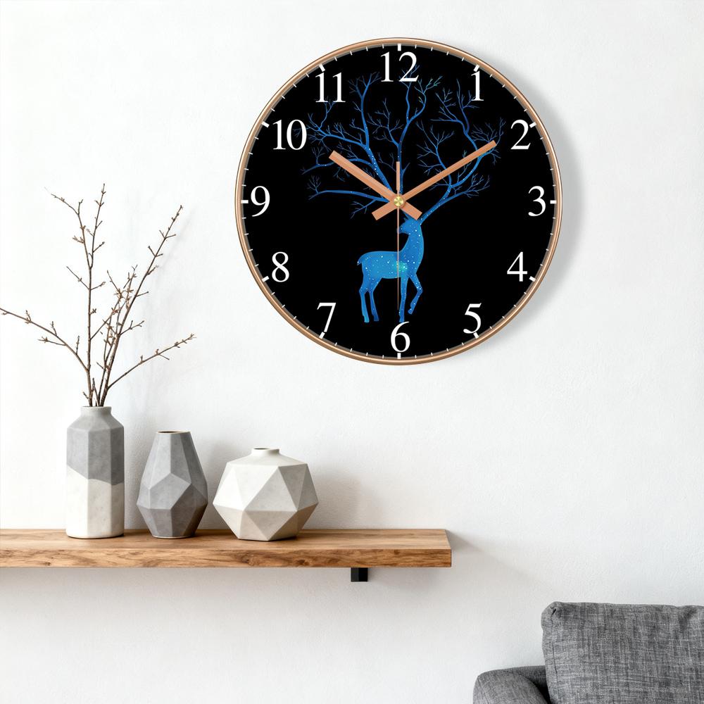 Blue Deer Wall Clock Rose Gold Frame Abstract Galaxy Deer with Tree Antlers Design for Living Room Bedroom Kitchen Home Decor