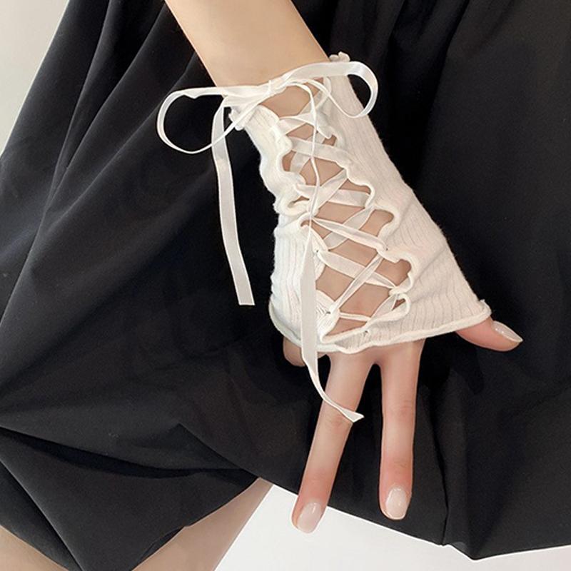 Lolita Strapping Bow Fishnet Lace Fingerless Gloves Floral Elastic Mesh Handwear