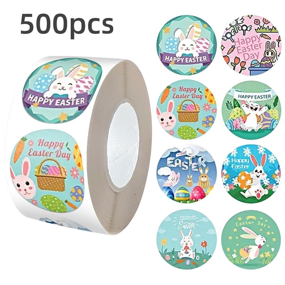 Party Decoration Golden Paper Easter Stickers Round Shape Self Adhesive Bunny Stickers Cartoon Design Egg Stickers Gift
