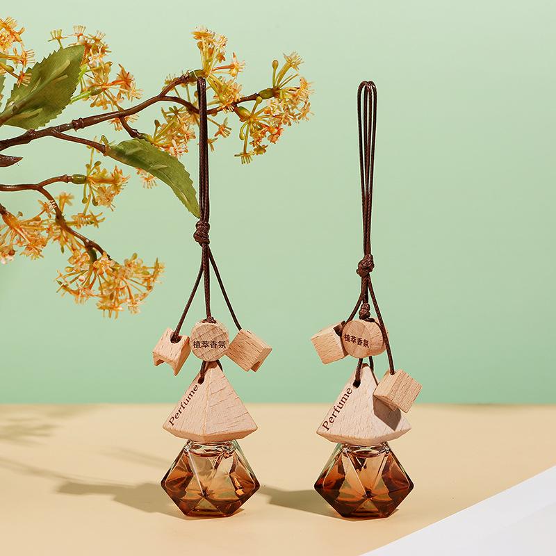 Triangle Wood Lid Car Air Freshener Pendant with Crystal Bead Tassel - Essential Oil Aromatherapy Odor Eliminator.