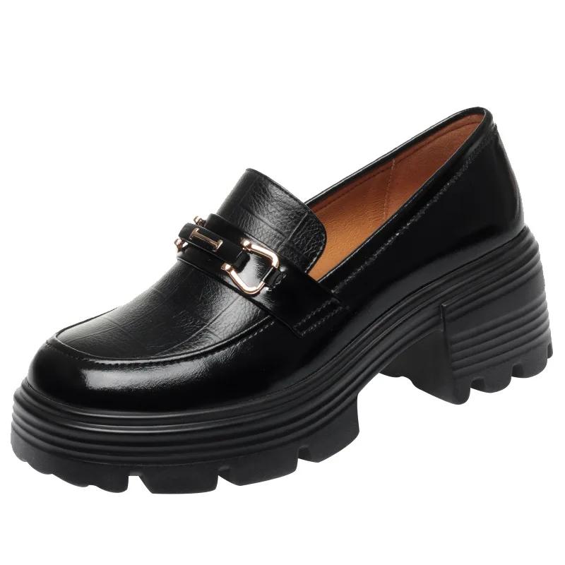 Vintage Britischer Stil Weiche Leder Slipper Dicke Sohle Plateau Schuhe Herbst Mittel Blockabsatz Schuhe Schwarz für Büro Mutter