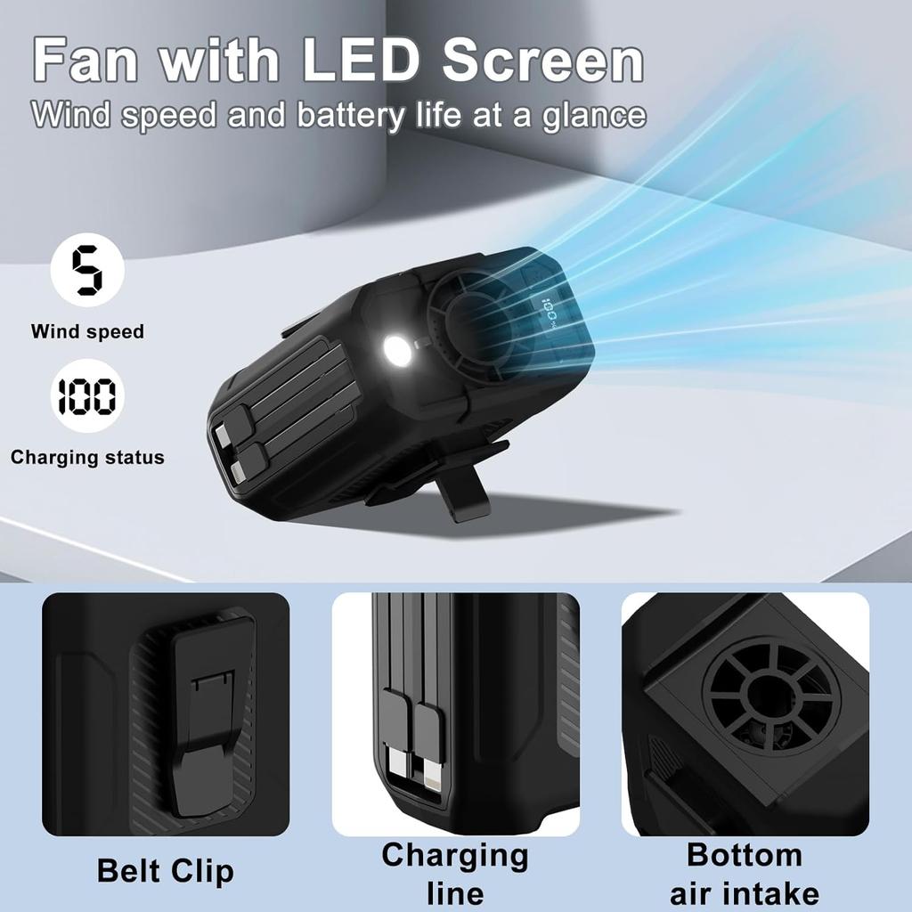 Portable Waist Fan, Built-in Cable 10000mAh Rechargeable, Wearable Personal Shirt Fan, 5-Speeds 16000RPM Strong Airflow, 35H Cooling with Light, Neck