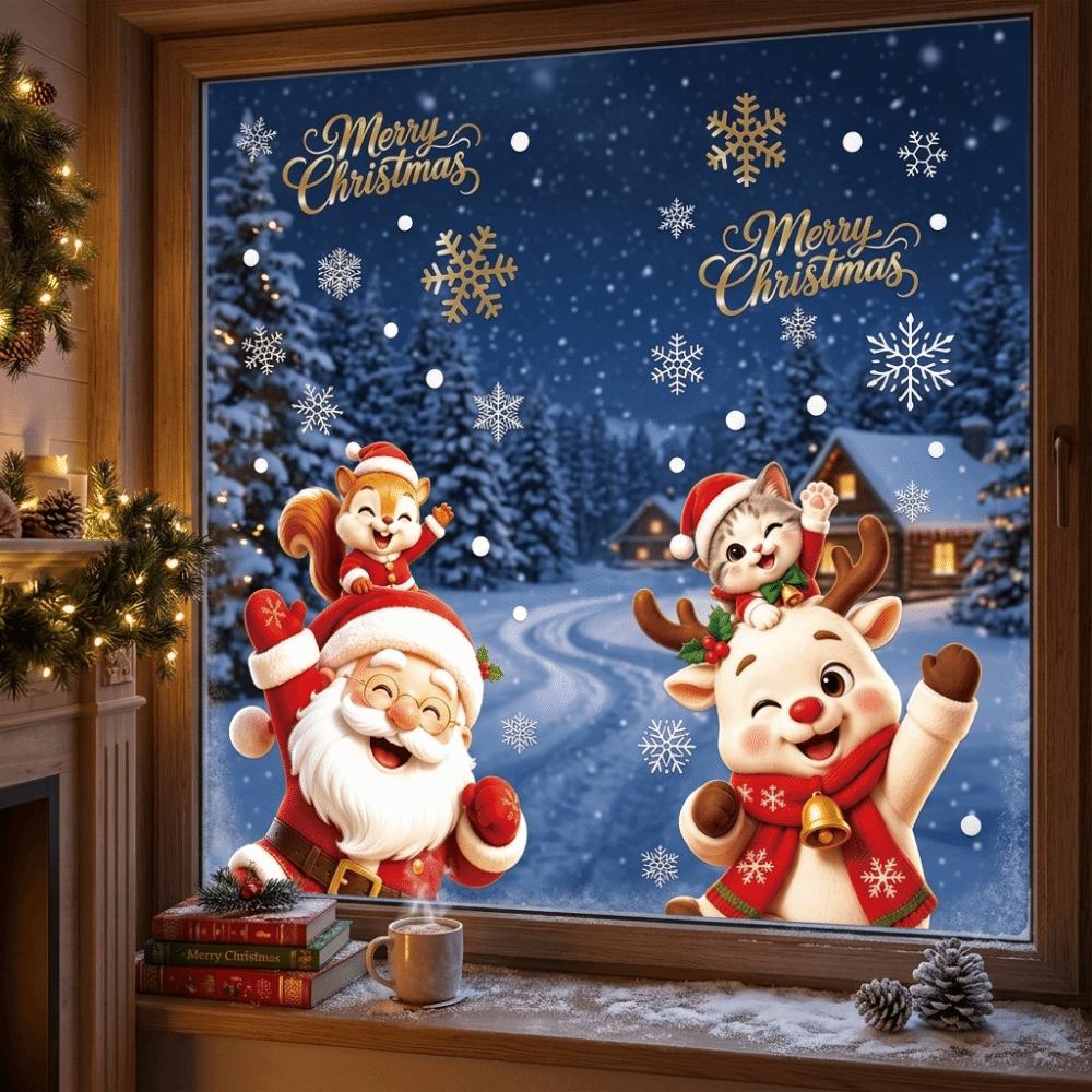 2 Sheets Santa Claus Static Window Stickers Elk Cat Glass Electrostatic Film Glass Window