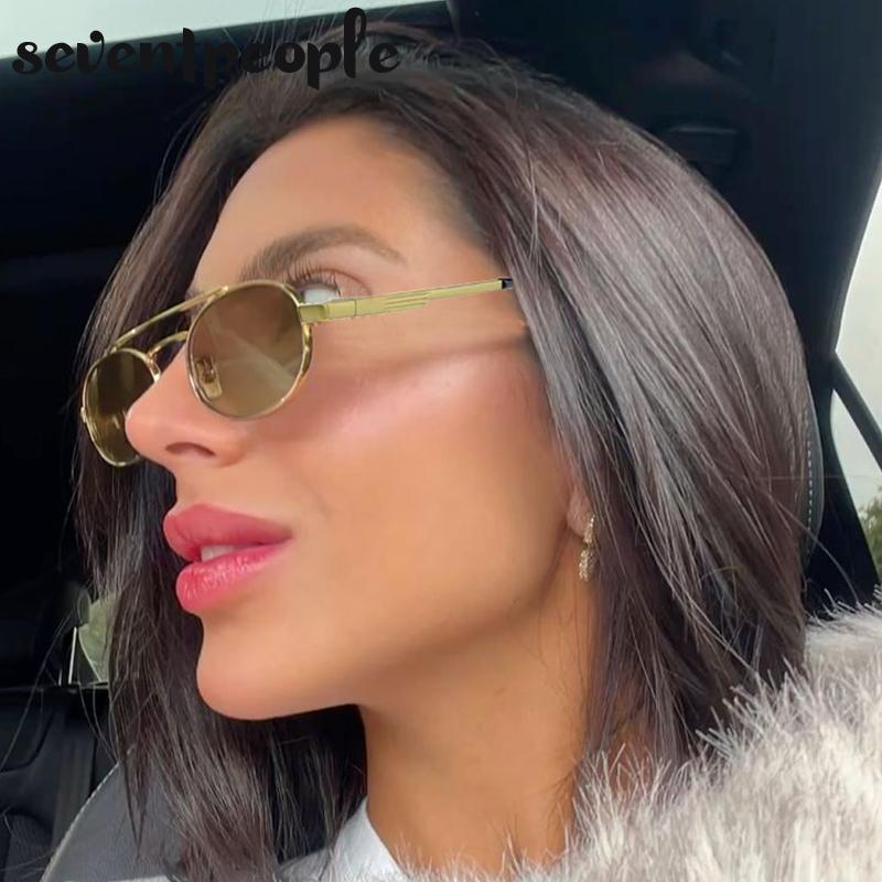 Small Oval Metal Frame Steampunk Sunglasses For Women  Luxury Brand Vintage Double Beam Shades Classic Round Punk Eyewear