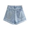 High-Waisted French Style Rolled Hem Denim Shorts