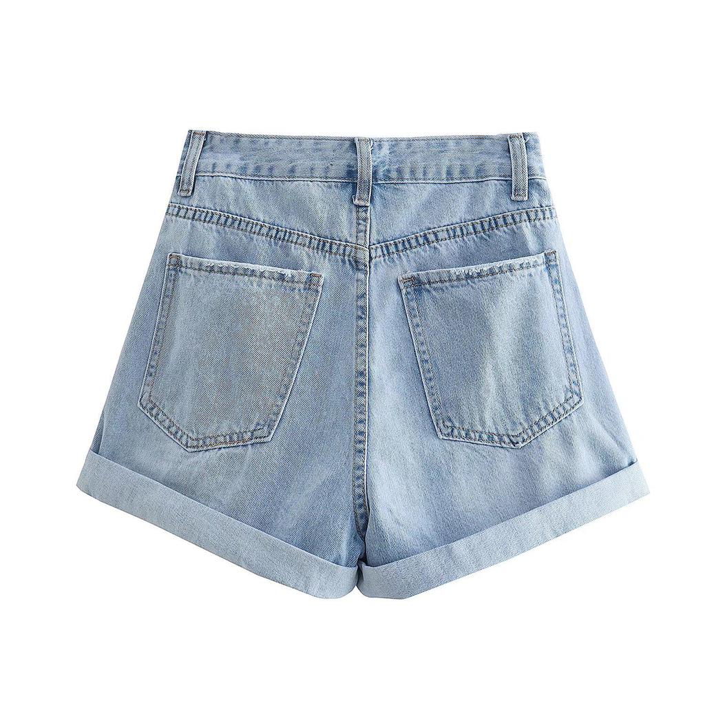 High-Waisted French Style Rolled Hem Denim Shorts