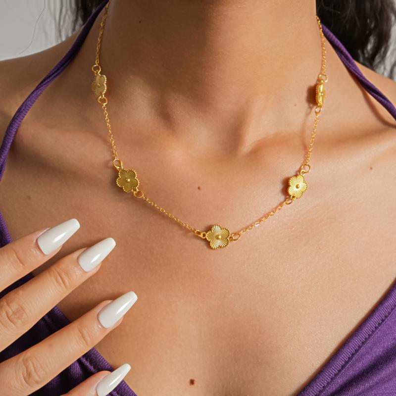Trendy Luxury Five Leaf Flower Bracelets Necklace For Women Gold Color Flower Chain Bracelet Earrings Set Wedding Party Jewelry
