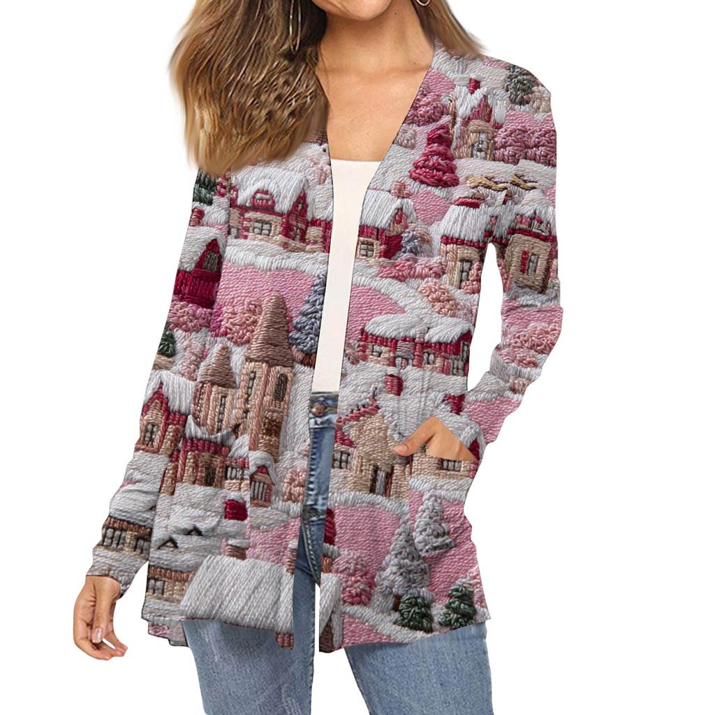 Dámský módní vánoční potisk dlouhý rukáv kapsy slim fit kardigan kabát