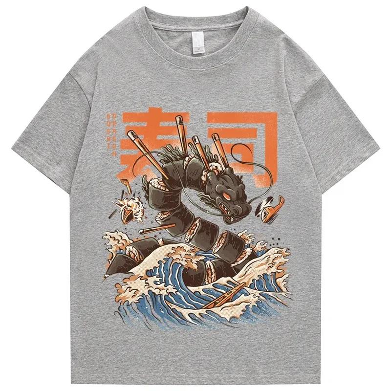 Japanese Kanji Dragon Sushi Print T-Shirt Hip Hop Men's Street Tshirt Harajuku Cotton Casual Summer Short Sleeve Tee-Shirt
