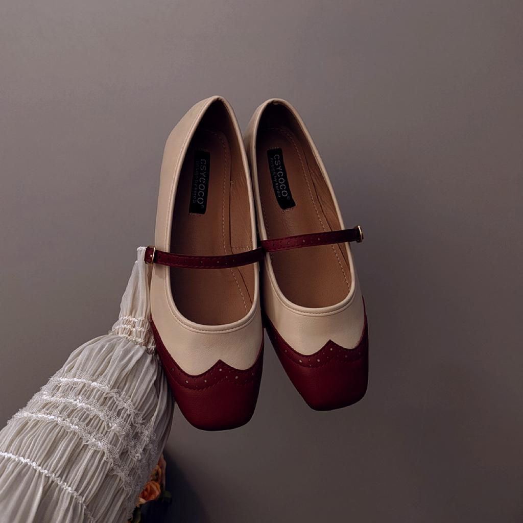 Fashion IPPEUM Women Flat Shoes Red PU Leather Square Toe Ballet Flats Lolita Shoes Mary Janes