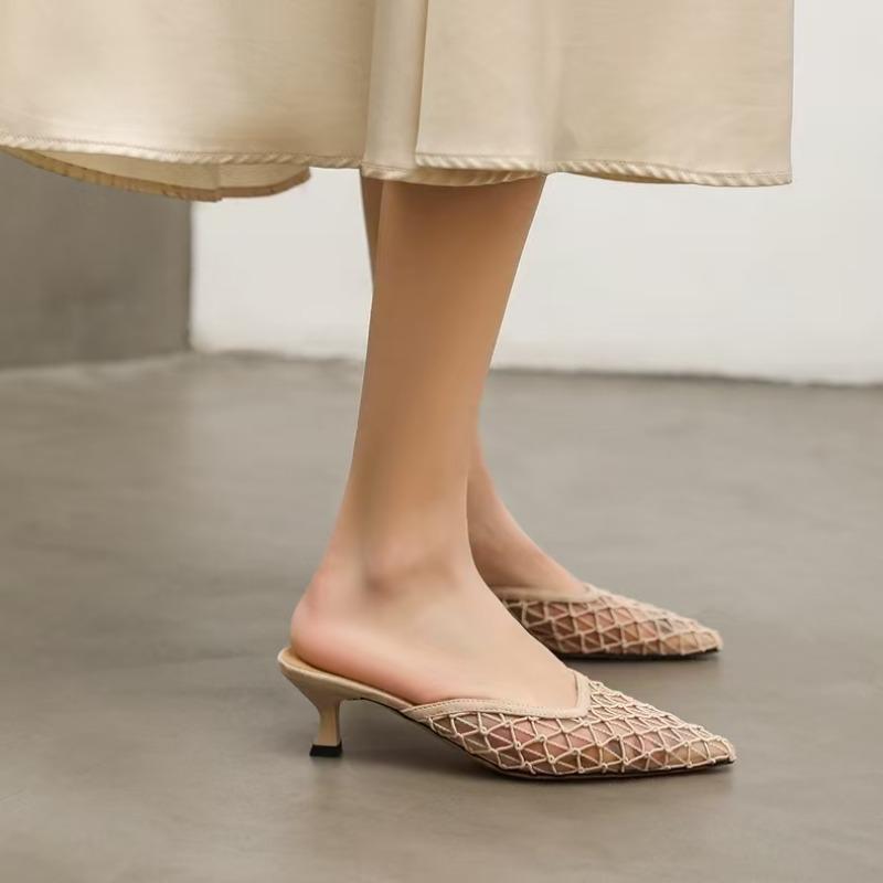 Mesh Lace Fashionable Women's Slippers 2025 Summer New Sexy and Elegant Pointed-toe Breathable Thin Heel Women's Shoes