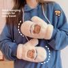 College Style Cartoon Gloves with Thick Windproof and Warm Fur for Autumn and Winter, Casual Plush Cute Teddy Bear with Fingers Hanging Around Neck