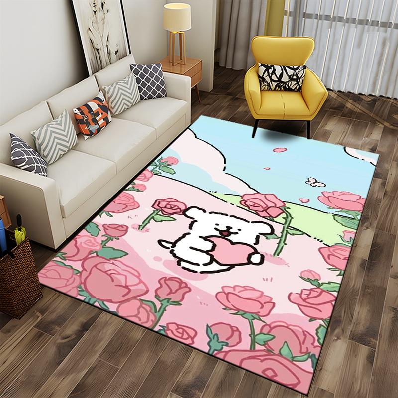 Cartoon Bear with Heart and Pink Roses Pastel Color Carpet Decor Suitable for Use As an Anti-slip for Living Room Bedroom Sofas