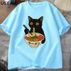 RaUnisex Noodle Black Cat T Shirt Foodie Lover Meme Top Cool T Shirt Casual Short Sleeve Round Neck Tshirt Streetwear Clothes