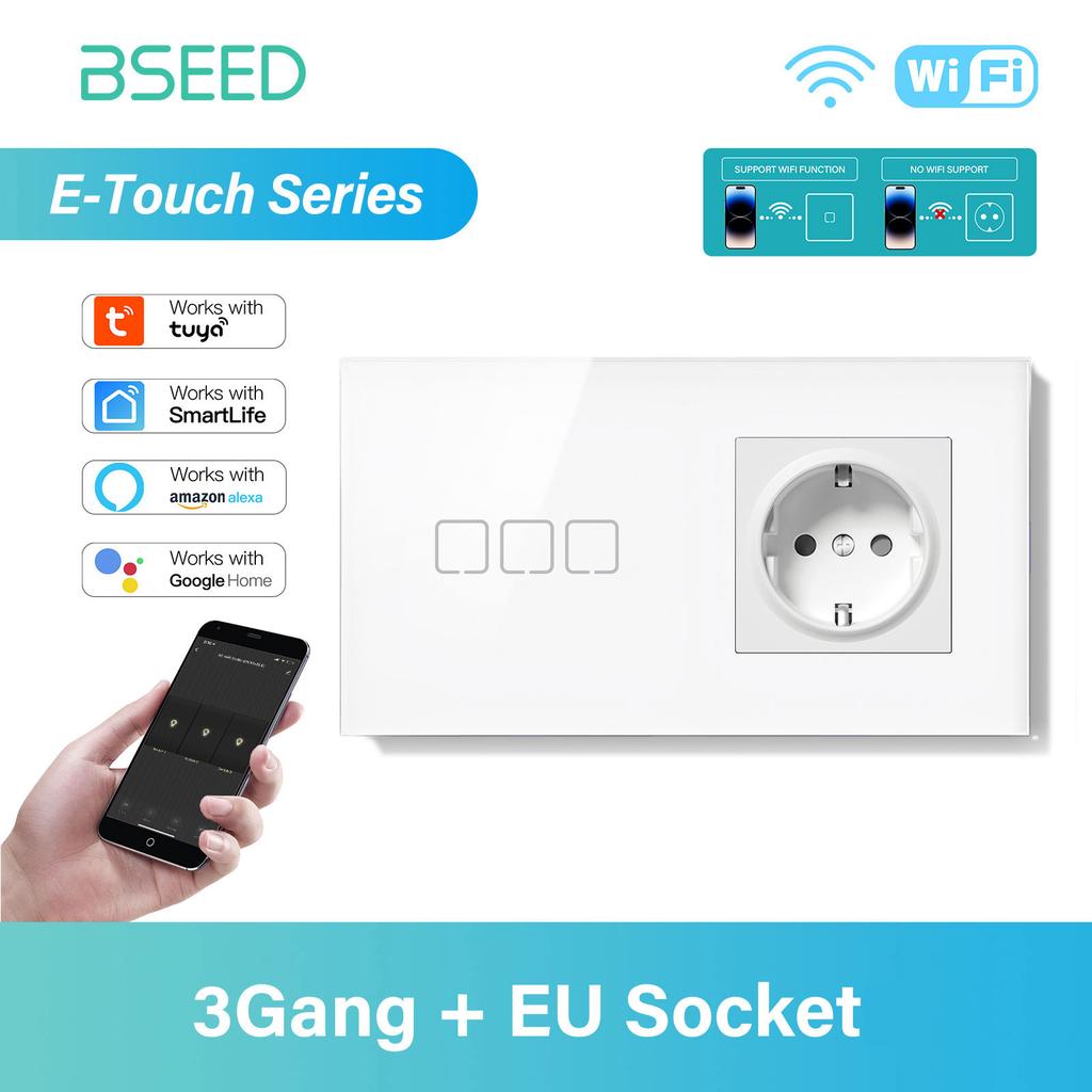 BSEED 1/2/3/4Gang WIFI Dotykový vypínač Skleněný Chytrý nástěnný vypínač Dotyková obrazovka Podsvícení Telefon Rychlé nabíjení USB C Zásuvka Řada E