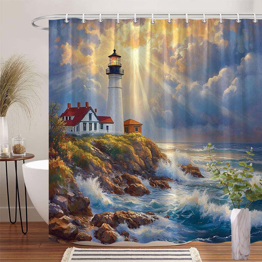 Romantic Lighthouse Shower Curtain - White Lighthouse with Red Roof, Golden Sunlight & Rocks, Coastal Bath Decor, Polyester