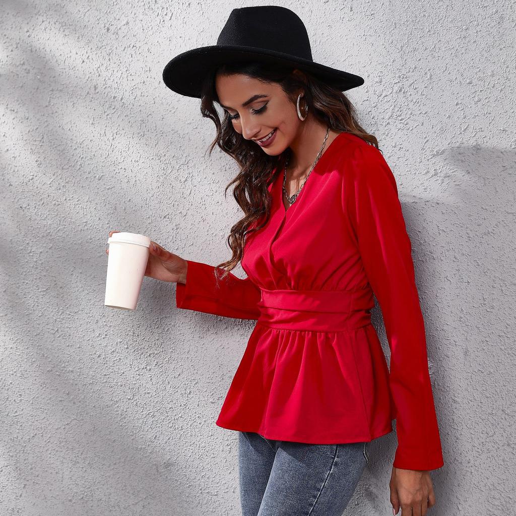 BITCED V Collar Waist Slim-fit Puffy Sleeve Top for Women Chiffon for Women