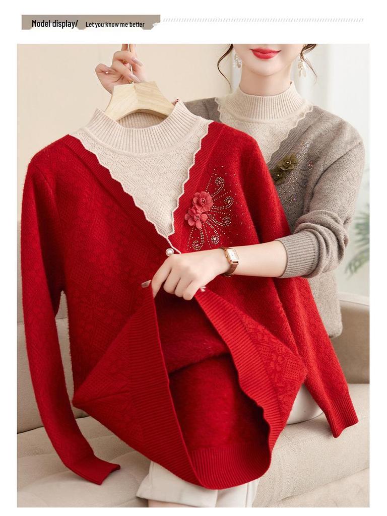 Women's Winter Knit Sweater with Fleece Lining, Faux Two-Piece, Thickened & Warm