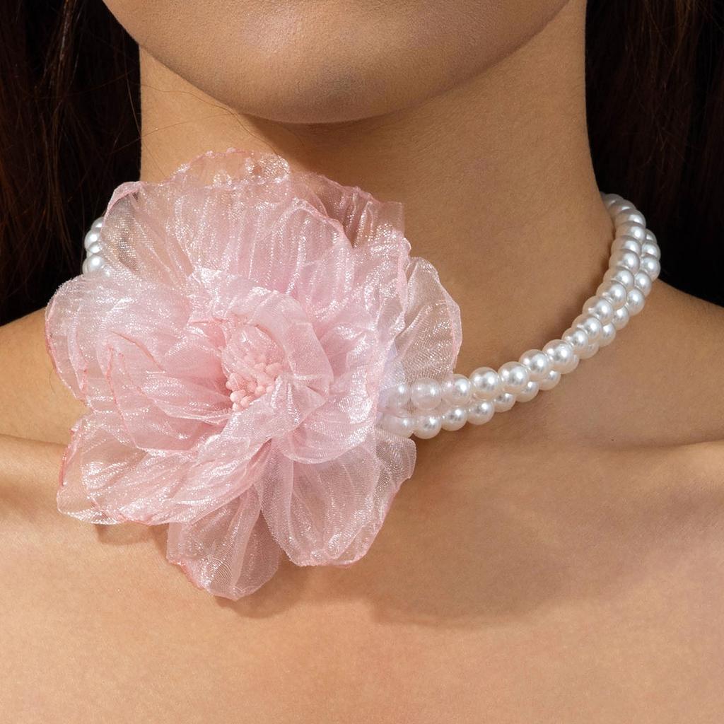 Accessories, French Elegant Pearl Necklace, Sweet Fabric Mesh Flower Collarbone Chain Necklace