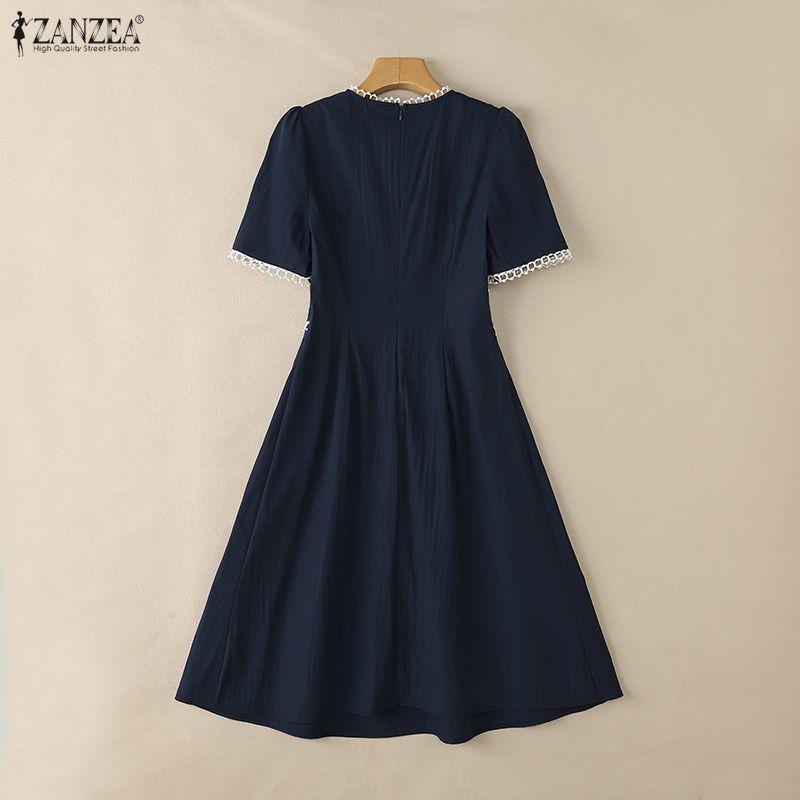 ZANZEA Women Casual Round Neck Elegant Short Sleeve Dress