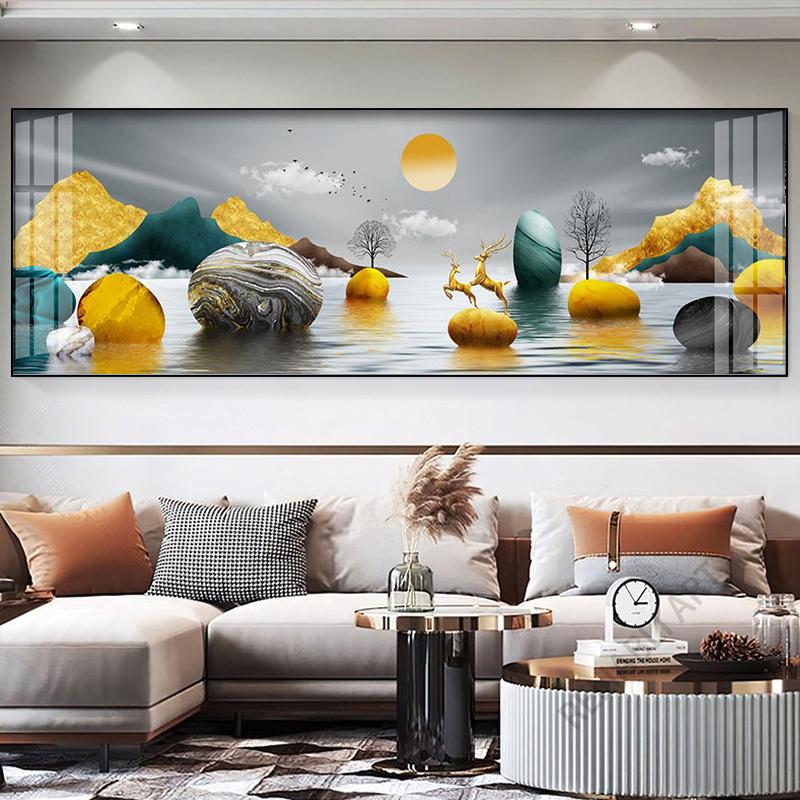 New Chinese Fengshui Golden Zen Stone Canvas Painting Wall Art Rich Tree Posters Gold Deer Prints for Living Room Home Decor